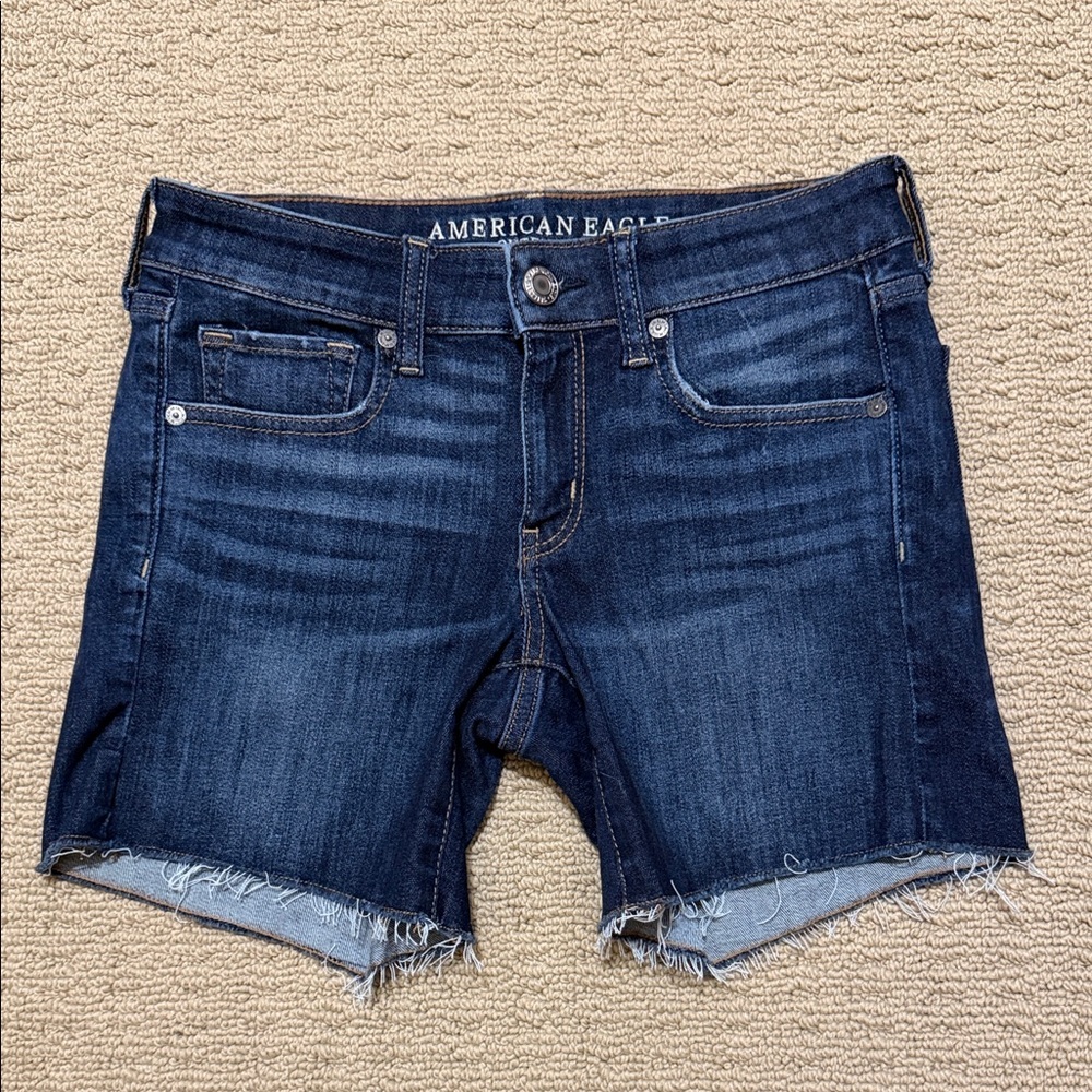 American Eagle Outfitters Next Level Stretch X Midi Blue Denim Shorts, Raw Hem